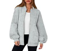 COMODO Frases Fleece Zip Up Sweatshirt No Hood Oversized Crew Neck Full Zip Long Sleeve Casual Outwear(K009- Dark Gray,S)