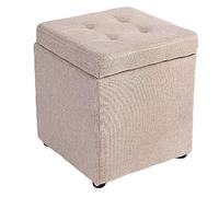 Cómodo reposapiés acolchado de lino, banco de almacenamiento, elegante taburete abombado con patas de madera, versátil acento para el hogar, color blanco, 30 x 30 x 35 cm