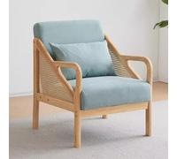 Cómodo sillón de tela de lino con reposabrazos de ratán tejido para dormitorio, color verde menta