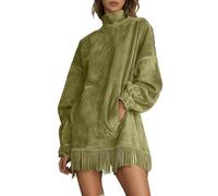 Cómodo vestido de ante con cuello alto para mujers, con flecos, minivestido con mangas abullonadas, flecos y borlas y bolsillos