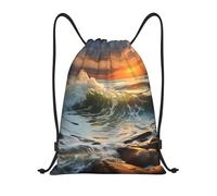 Cómodos Mochila Cordónes Pintura de Puesta de Sol con Olas de Roca Bolsas de Deporte Casual Bolsa con Cordón para Hombre Mujer Adulto 36X42cm
