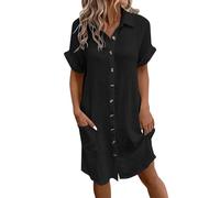 Cómodos vestidos de mezclilla para mujer, vestido casual de manga corta, vestidos midi para mujer, vestido simple con cuello en V para mujer, simple, elegante, color sólido, botones y bolsillo, Negro