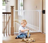 COMOMY 75-110cm Barrera Seguridad Niños Escaleras, Puerta Seguridad para Perros & Bebes de Cierre Automático, Valla Seguridad Infantil sin Agujeros, con Extensions (76cm H, Blanco)