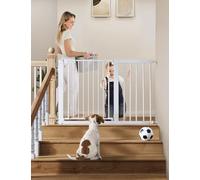COMOMY 75-117cm Barrera Seguridad Niños Escaleras, Puerta para Perros Bebes de Cierre Automático con Señal Roja/Verde, Extra Ancho Valla Seguridad Infantil sin Agujeros (76cm H, Blanco)