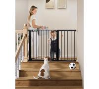 COMOMY 75-117cm Barrera Seguridad Niños Escaleras, Puerta para Perros Bebes de Cierre Automático con Señal Roja/Verde, Extra Ancho Valla Seguridad Infantil sin Agujeros (76cm H, Negro)