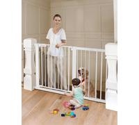 COMOMY 75-131cm Puerta para Perros, Extra Ancho Barrera Seguridad Niños Escaleras, Valla Seguridad Infantil con Señal Roja/Verde, sin Agujeros, Cierre Automático, (76cm H, Blanco)
