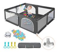 COMOMY Parque Infantil Bebe 180 x 200 x 66 cm, Corralito Bebe con 50 Pit Balls, Mini Basketry y 4 Pull Rings, Corral Bebe con Malla Suave y Transpirable, Gris