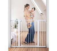 COMOMY Puerta de Perros 91,5cm Extra Alto, 75-124cm Ancho Grande Puerta Seguridad Bebe de Cierre Automático, Duradera Barrera Seguridad Niños para Escalera, Montadas a Presión, Blanco