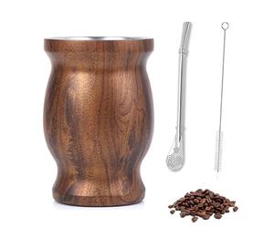 Companion Mug, Tazas de té Mate, Juego de té de Acero Inoxidable, Taza Mate 260ml, con Cuchara Pajita y Cepillo Limpiador, para Té Mate, Café, Leche y Zumo (Color Grano de Madera)