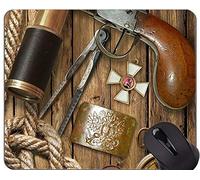 Compass Mouse Pad con borde de bloqueo, brújula, cuerda y gafas Flintlock Pistol Mouse Pad con borde cosido