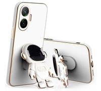 Compatible con Funda Xiaomi Poco F7 con Soporte Astronauta Rosa, Creativo Enchapado Carcasa para Poco F7 Silicona TPU Suave Antigolpes Slim Protectora Case (Blanco)