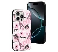 Compatible con iPhone 16 Pro, funda protectora de silicona rosa con torre de mariposas de moda, compatible con iPhone 16 Pro, funda protectora para mujeres y hombres
