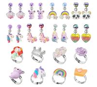 ComPDCVD 8 Anillos Niñas Ajustables y 8 Pares Pendientes de Clip para Niñas Clips las Orejas Niña Clip No Piercing Pendientes de Resina no Alérgicos Accesorios des Joyería des Princesa para Niña