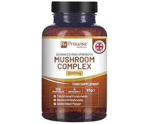 Complejo avanzado de hongos 2000 mg | Una mezcla excelente de 6 hongos: melena de león, chaga, cordyceps, shiitake, reishi y maitake con pimienta negra | 120 tabletas veganas de alta potencia