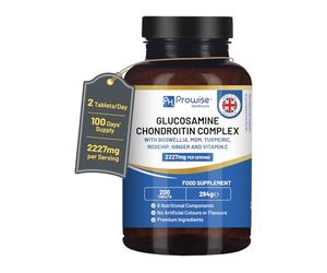 Complejo de glucosamina y condroitina 2227 mg por porción | 200 tabletas de alta resistencia | 8 Componentes Nutricionales | Fabricado en Reino Unido por Prowise.