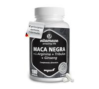 Complejo de Maca Negra, Alta Concentración con Tribulus y Ginseng para 60 días. Energía, Fuerza y Rendimiento. L-Arginina, Zinc, Vitaminas B. 180 Cápsulas Veganas, Fabricado en Alemania
