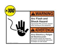ComplianceSigns.com Advertencia de arco y peligro de choque inglés + español ANSI etiqueta de seguridad, 5 x 3.5 pulgadas, paquete de 100 unidades de vinilo para electricidad