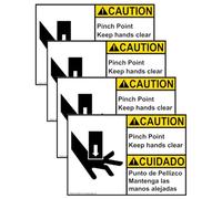 ComplianceSigns.com CAUTION - Calcomanía de seguridad bilingüe ANSI con punta de pellizco para mantener las manos claras, 5 x 3.5 pulgadas, paquete de 4 unidades de vinilo para maquinaria