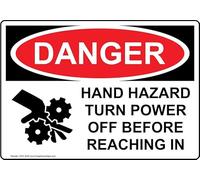 ComplianceSigns.com Danger Hand Hazard apaga antes de alcanzar la etiqueta de seguridad OSHA, 5 x 3.5 pulgadas, paquete de 4 unidades de vinilo