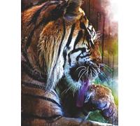 Composition Notebook 8.5" x 11", 200 pages (100 sheets) of wide rule paper with label on the back. Vibrant bathing tiger portrait on the cover.