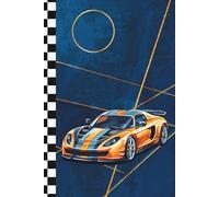 Composition Notebook College Ruled: Orange Luxury Sports Car and Checkered Spine Aesthetic on Blue Background