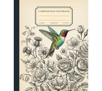 Composition Notebook College Ruled: Vintage Hummingbird Botanical Illustration, Black and White Flowers with Colorful Bird: Aesthetic Journal for Girls, Students, Teens, Women