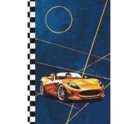 Composition Notebook College Ruled: Yellow Luxury Sports Car and Checkered Spine Aesthetic on Blue Background