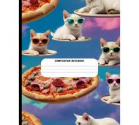 Composition notebook: Cute cats on flying pizzas space pattern , wide ruled school notebook for kids and teens