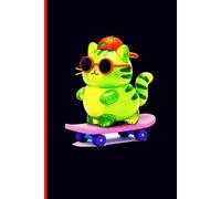 Composition Notebook: Cute Green Cat on Skateboard | Aesthetic Kawaii Kitty with Sunglasses & Hat | 100 Pages Wide Ruled 6x9 | Retro Purple & Orange School Journal for Kids, Teens, and Cat Lovers