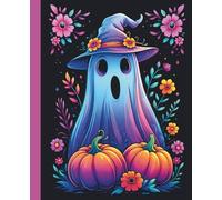 Composition Notebook: Neon Witch Ghost with Pumpkins: Wide-ruled aesthetic composition pages for school | Bright and vibrant Halloween ghost with ... | Ideal for teens and students | 110 pages