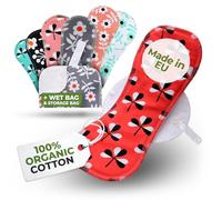 Compresas reutilizables en algodón orgánico para flujo menstrual ligero y abundante (S+M+L+XL, 7 uds); lavables a alta T°, HECHAS EN LA UE; suaves, no irritantes y cómodas, compresas tela para mujeres