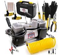 Compresor de aire portátil inflador de neumáticos con kit de reparación de neumáticos, bomba de aire de 12 V CC para neumáticos de coche con calibre de 150 PSI y kit de emergencia para automóvil,