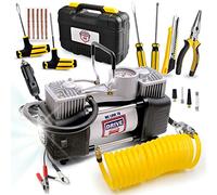 Compresor de aire portátil para inflador de neumáticos con kit de reparación, accesorios de emergencia para coche, bomba de doble cilindro de 12 V CC, 150 PSI con manómetro
