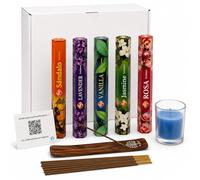 Comprilia Incienso Set 100 Varillas 5 Aromas Quemador Madera y Vela | Sándalo, Lavanda, Rosa, Vainilla y Jazmín - Kit Regalo Bienestar: Meditación, Yoga y Relajación en Casa