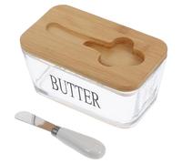 COMPUKAS Caja de Vidrio con Tapa de Bambú y Cuchillo, Recipiente para Almacenar Manteca con Cierre Hermético, Diseño Elegante para Uso en Cocina y Refrigerador