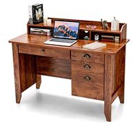 Computer Desk PC Laptop Writing Desk Workstation Antique Brown Desk with Drawers and Shelves (D 48" x 22" x 36.5")