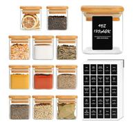 ComSaf 12 Tarros de Especias con Tapa Hermética de Bambú, Botellas Cuadradas de Vidrio Vacías de 4 oz con 275 Etiquetas Negras, Recipiente de Condimentos para Especias como Sal y Azúcar.