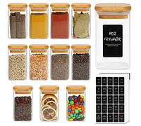 ComSaf 12 tarros de especias con tapa hermética de bambú, botellas cuadradas de vidrio vacías de 8 onzas con 275 etiquetas negras, recipientes de condimentos para especias de sal y azúcar y granos de