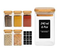 ComSaf 6 tarros de especias de vidrio de 240 ml con tapas y etiqueta, botella de especias de vidrio con tapas de bambú, juego complementario, recipiente pequeño para especias, perfecto para