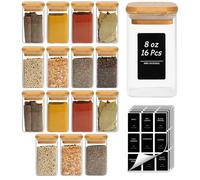 ComSaf Botes Especias Cristal, Botes Especias Cristal Cuadrados con Tapa, Frascos Especiarias, 240ml, Pack de 16, Sal Gorda, Pimentón Dulce, Orégano, Ajo en Polvo, Organización de Cocina Práctica