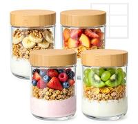 ComSaf Set de 4 Vasos de Yogurt y Cereales de 500ml con Tapa de Bambú, Tarro de Vidrio, Overnight Oats Jar para Adultos y Niños, Desayuno Saludable para Oficina, Escuela y Picnic