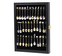 COMSREV Expositor de 36 cucharas de té de Recuerdo, colección de coleccionistas, Soporte de Pared de Madera con 98% acrílico UV con Puerta con Cerradura (Negro)