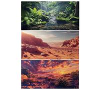 COMSUN Paquete de 3 fondos de terrario, fondo de reptil de poliéster de 36 x 18 pulgadas, fondo de tela duradera, piedra de cactus Gobi Sunshine y fondo de terrario de helecho de árbol verde