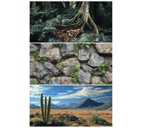 COMSUN Paquete de 3 fondos de terrario, fondo de reptil de poliéster de 36 x 18 pulgadas, fondo de terrario de tela, helecho de árbol verde tropical y fondo de terrario de roca de cactus del desierto