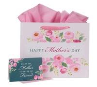 Con bolsa de regalo floral con amor con tarjeta y papel de seda: Primero mi madre para siempre mi amiga blanca con flores rosa pastel feliz idea de r