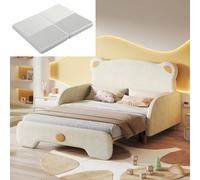 (Con colchón) Cama doble en forma de oso, cama acolchada, cama infantil, cama nido, con bordes protectores suaves, con listones de madera, terciopelo, beige (140 x 110 cm y 140 x 200 cm), colchón de