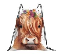 con cordón Mochila de Cuerda Acuarela Linda Vaca de Las Tierras Altas con Flores, Casual Bolsas Cordon de Gimnasio, Unisex Gym Sack, para Mujer Hombre 36X42cm