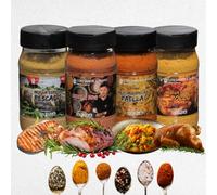 CON SABOR A HUMO, Pack de Especias Artesanales, 750g, 4 Mezclas para BBQ, Pescado, Pollo y Paella, 3 Tarros de 170g y 1 Tarro de 200g