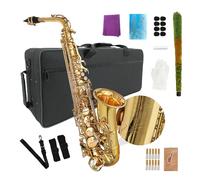 Conboxus - Saxofón alto E-plano, laca dorada con cuerpo de latón, incluye funda, boquilla, cañas, correa para el cuello y más, ideal para principiantes y principiantes (dorado)