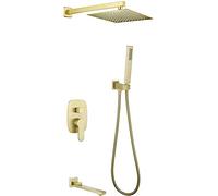 Concealed Shower System, Brushed Gold Brass Wall Mounted Rainfall 3 Functions Shower Faucet System Mixer Set with 10-12" Rain Square Shower Head Spout Tub Mixer Set,10 Inch